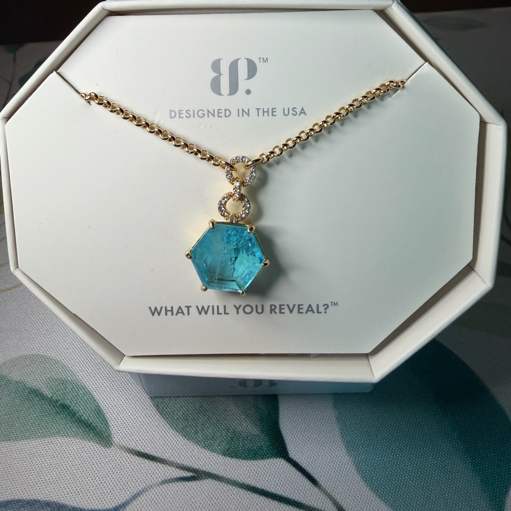 Gold Chain Necklace with Blue Hexagon Crystal Pendant
